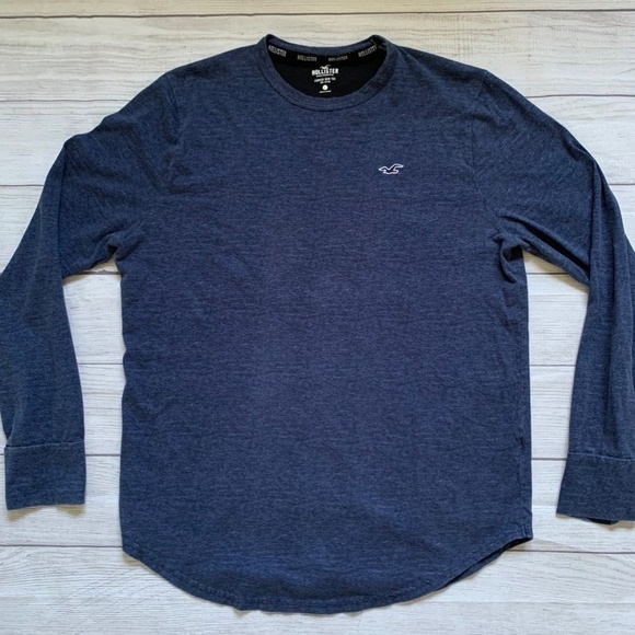 Hollister Men's Curved Hem Long-Sleeve Heather Blue-Gray Tee in Size L - Picture 1 of 7